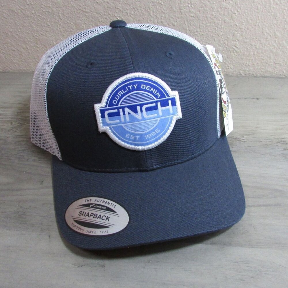 Cinch Quality Denim Patch Trucker Snapback Cap Hat - Navy Blue